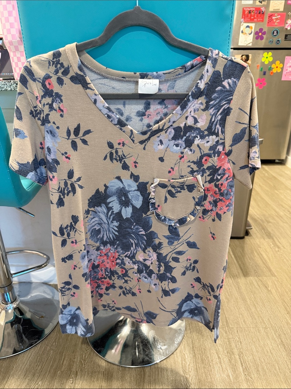 Sew In Love Taupe Floral V‑Neck Pocket Tee with Blue & Pink Print
